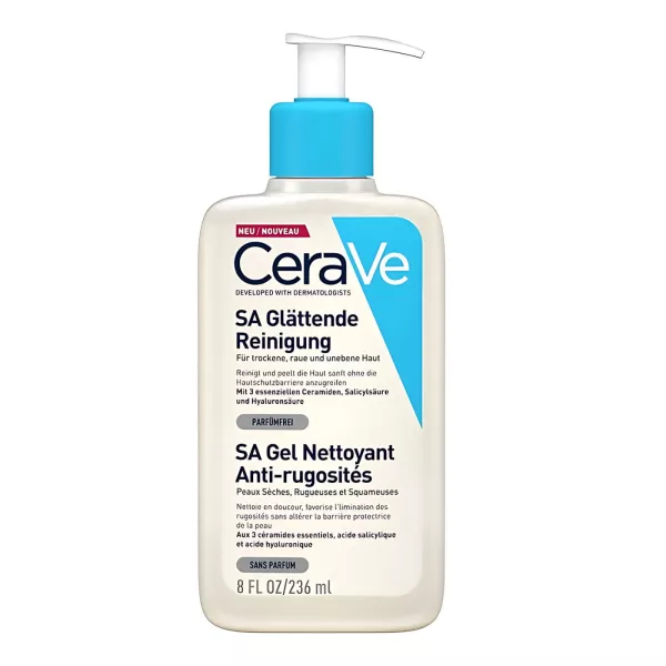 CeraVe SA Smoothing Cleanser exfoliates and hydrates rough, bumpy skin with salicylic acid, ceramides, and hyaluronic acid.