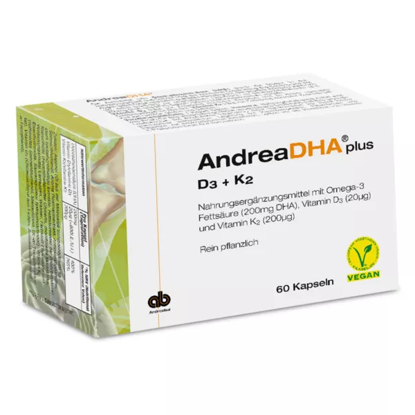 Packaging of AndreaDHA Plus D3 + K2, a vegan Omega-3 supplement containing 60 capsules, sold in Switzerland by vitamister.