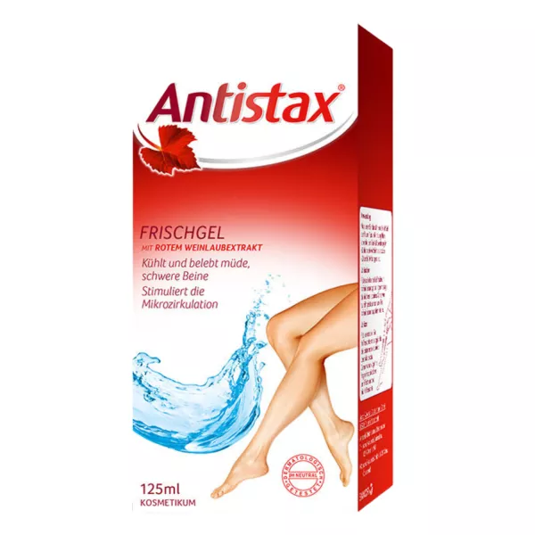 Antistax Frischgel 125 ml Tube zur Beinentlastung. Kühlende Formel mit Rotweinflaub-Extrakt. Jetzt bei vitamister Schweiz für müde und schwere Beine kaufen.