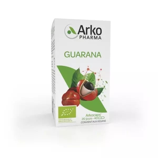 Arkopharma Arkocaps Guarana Bio Capsules in a 40-count bottle. Order now from vitamister.ch for natural energy support and improved mental alertness.