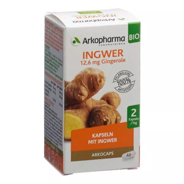 Emballage des capsules de gingembre bio Arkopharma 40pcs - Soulagement de la nausée végan disponible en Suisse sur vitamister