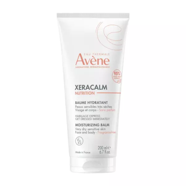 Tube of Avène XeraCalm Nutrition Moisturizing Balm 200ml for very dry sensitive skin, fragrance-free for face and body, made in France with 95% natural ingredients.