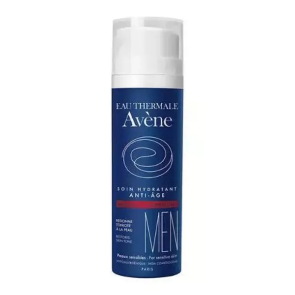 Sleek white and dark blue Avène Men Anti-Aging Hydrating Care bottle with signature swirl logo, emphasizing hydration and tone restoration for sensitive skin.