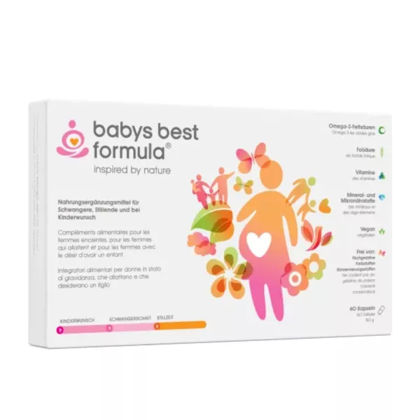 Verpackung von Baby's Best Formula, einem veganen Pränatal-Supplement mit Folsäure und DHA, für die Zeit von Kinderwunsch bis Stillzeit.