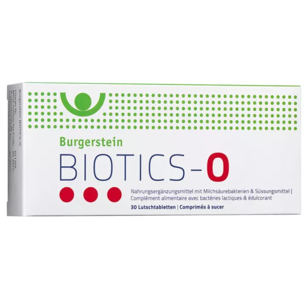 Burgerstein Biotics-O Lozenges support oral and throat health with the beneficial bacterium Streptococcus salivarius K12 and vitamin D.