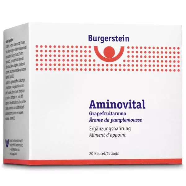 Packung Burgerstein Aminovital 20 Beutel mit essentiellen Aminosäuren, erhältlich auf vitamister.ch.