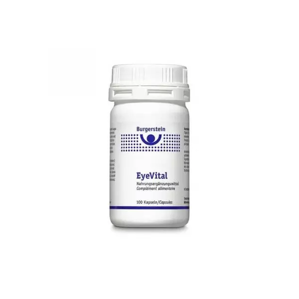 Bottle of Burgerstein EyeVital Capsules (100 Count) for eye health, available at vitamister.ch.
