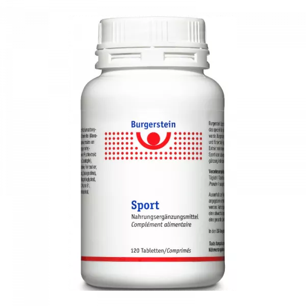 Burgerstein Sport supplement bottle with red and grey design, containing 120 tablets for athletic nutritional support.