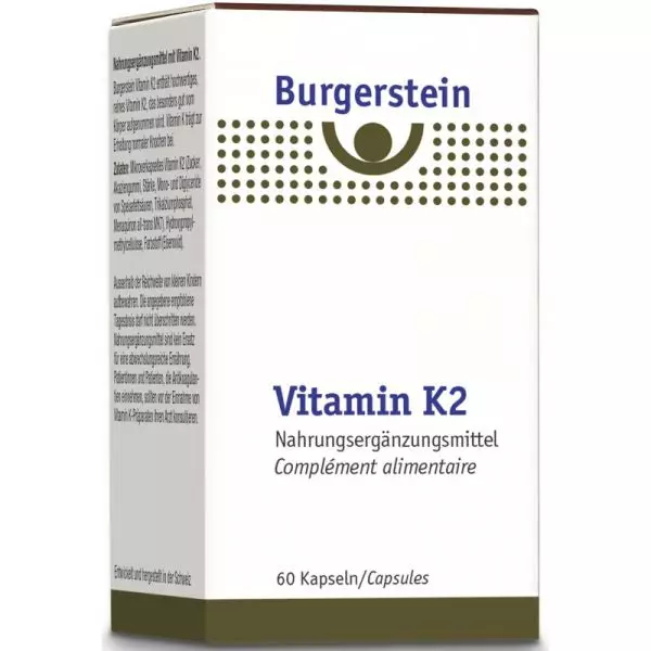 Capsules de vitamine K2 Burgerstein, un complément alimentaire suisse de haute qualité pour la santé des os et du système cardiovasculaire, avec 180 µg de MK-7 hautement biodisponible par capsule.