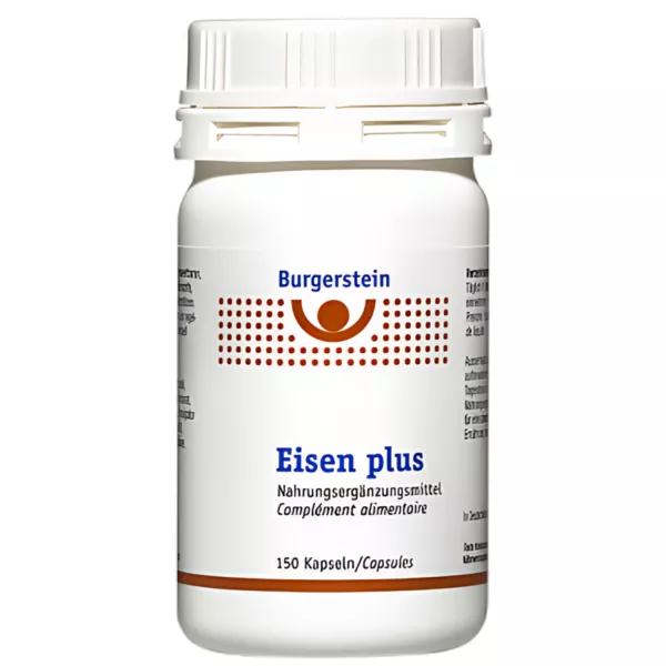 Burgerstein Iron plus bottle containing 150 capsules. Comprehensive iron, vitamin, and mineral supplement developed in Switzerland. Buy now from vitamister for improved energy, blood health, and overall well-being.