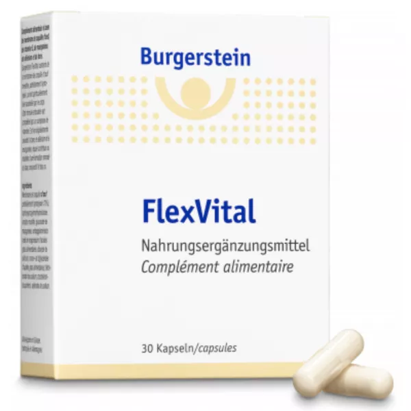 Verpackung von Burgerstein FlexVital mit 30 Kapseln - Nahrungsergänzungsmittel für die Gelenkgesundheit.