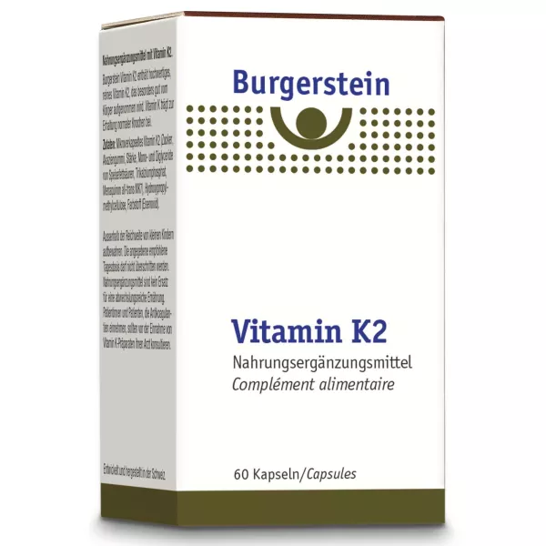 Boîte de Burgerstein Vitamine K2 Capsules, 60pcs. Complément de haute qualité pour la santé des os et du cœur disponible chez vitamister en Suisse.