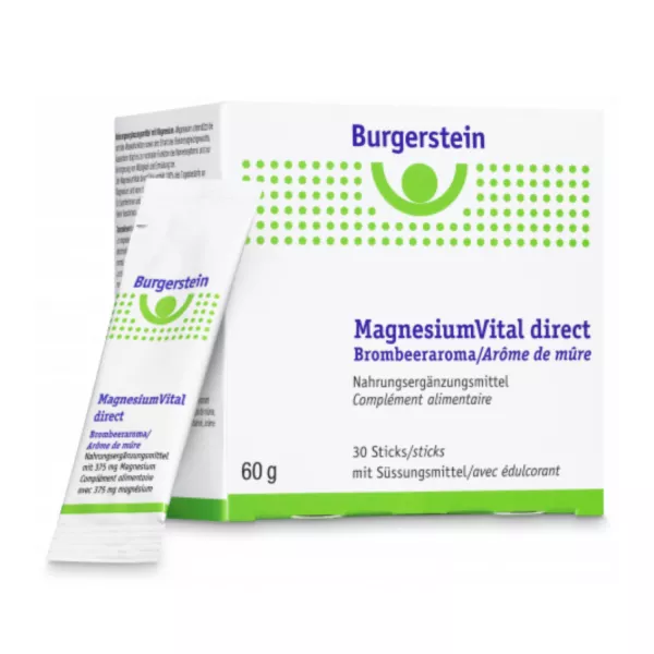 Discover BURGERSTEIN MagnesiumVital direct sticks with blackberry flavor on vitamister.ch, for fast magnesium supplementation in Switzerland.