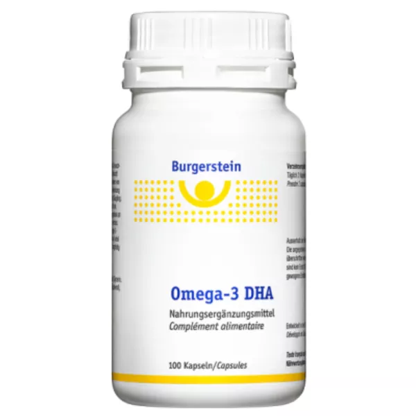 Burgerstein Omega 3 DHA Capsules, 100cnt bottle. High-quality fish oil supplement with 250mg DHA per capsule for brain and eye health. Buy now from vitamister in Switzerland for optimal cognitive support.