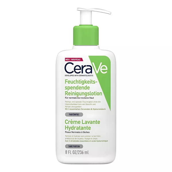 CeraVe Feuchtigkeitsspendende Reinigungslotion 236ml reinigt und spendet normaler bis trockener Haut Feuchtigkeit, ohne die Hautbarriere zu beeinträchtigen. Parfümfreie Formel mit 3 essenziellen Ceramiden und Hyaluronsäure. Jetzt bei vitamister.ch bestell