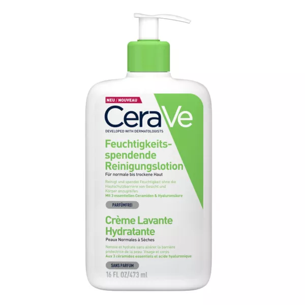 Sanfte und feuchtigkeitsspendende CeraVe Reinigungslotion mit essentiellen Ceramiden und Hyaluronsäure in einer 473ml Pumpflasche, parfümfrei.
