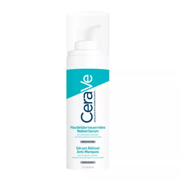 Flacon de 30ml de CeraVe Rétinol Sérum Anti-Marques pour peaux à tendance acnéique, mettant en avant les ingrédients clés pour une peau nette et lisse.