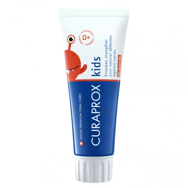 Tube of Curaprox Kids Strawberry Zero Fluoride Toothpaste, with a friendly strawberry character, safe for infants 0+ years for early dental care.