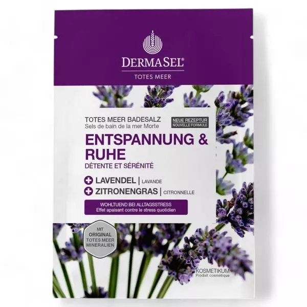 Dermasel Totes Meer Badesalz Entspannung & Ruhe 80g - Stressabbau mit Lavendel und Zitronengras-Mineralien, erhältlich bei vitamister Schweiz