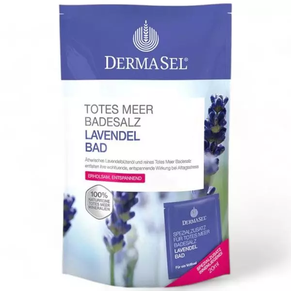 Dermasel Dead Sea Bath Salt Lavender 420ml - Calming lavender-infused mineral bath for stress relief, available at vitamister Switzerland