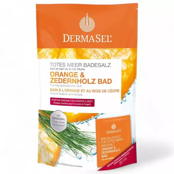 DermaSel Dead Sea Bath Salt Orange & Cedar Wood package, 420ml. Natural relaxation in Switzerland from vitamister.