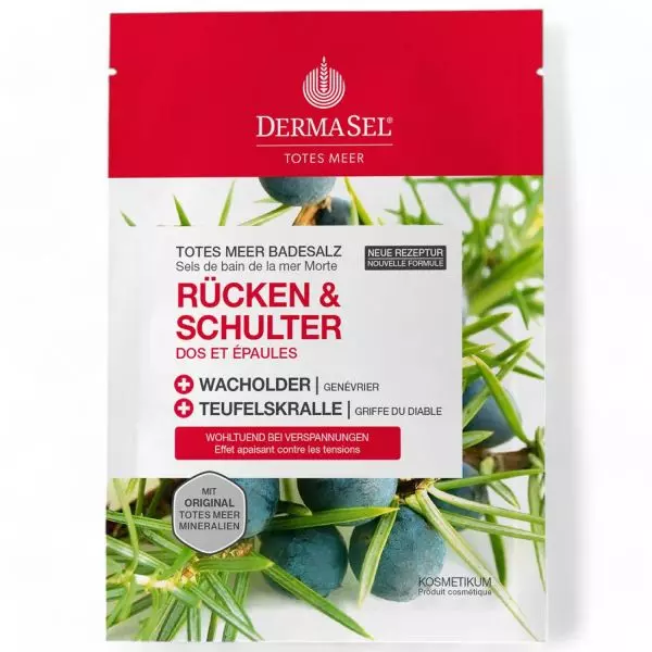 DermaSel Dead Sea Salt Back & Shoulders 80g bath salt package - Targeted relief for back and shoulder areas. Available at vitamister in Switzerland.