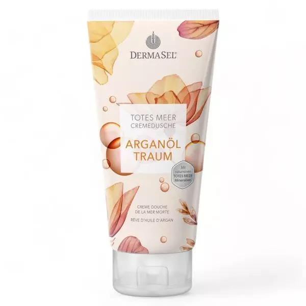 DermaSel Cremedusche Arganöl Traum 200ml Flasche - luxuriöses Cremeduschgel mit Arganöl und Totes Meer Mineralien. Erhältlich bei vitamister in der Schweiz.
