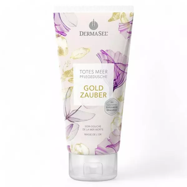 DermaSel Care Shower Gold Magic 200ml bottle - luxurious golden shower gel with Dead Sea minerals. Available at vitamister in Switzerland.