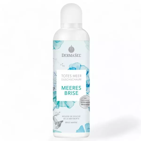 Flacon de 200ml de Mousse de Douche Brise Marine DermaSel - mousse de douche rafraîchissante aux minéraux de la Mer Morte. Disponible chez vitamister en Suisse.