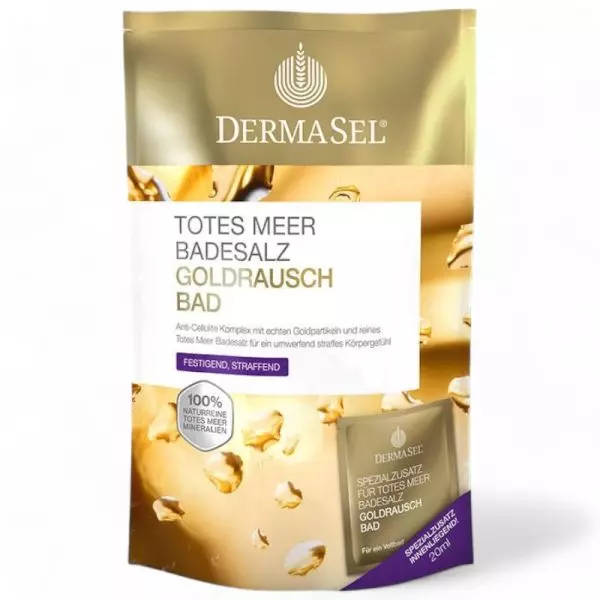 Dermasel Dead Sea Bath Salt Gold Rush 420ml - Luxury anti-cellulite bath with real gold particles, available at vitamister Switzerland