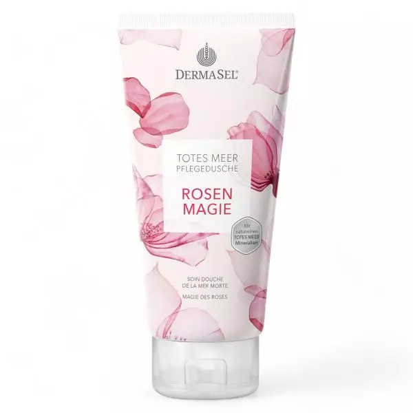 Flacon de 200ml de Gel Douche Soin Magie des Roses DermaSel - gel douche luxueux parfumé à la rose avec des minéraux de la Mer Morte. Disponible chez vitamister en Suisse.