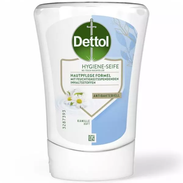 White bottle of Dettol No-Touch Soap Refill Chamomile 250ml with blue accents showing antibacterial protection, available at vitamister Switzerland