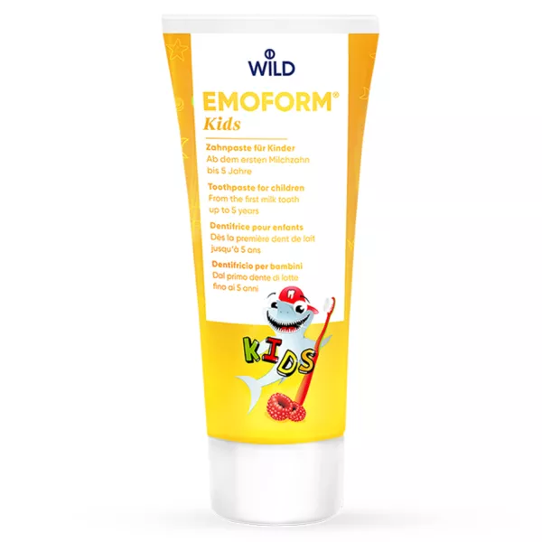 EMOFORM Kids Toothpaste tube with yellow background and smiling strawberry character, for children from the first milk tooth up to 5 years.