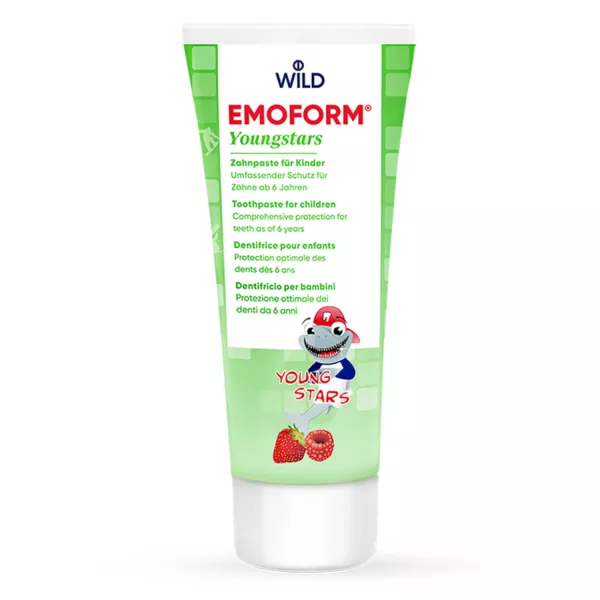 EMOFORM Youngstars toothpaste tube with strawberry design for children aged 6 and above, highlighting comprehensive dental protection.