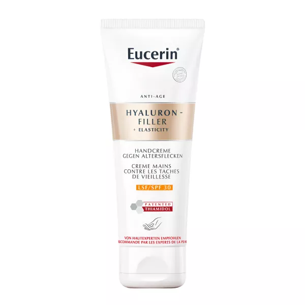 Die Eucerin Hyaluron-Filler Elasticity Handcreme gegen Altersflecken LSF 30 hilft gegen Falten, Altersflecken und trockene Haut an den Händen. Jetzt bei vitamister.ch kaufen für glattere, jünger aussehende Hände.