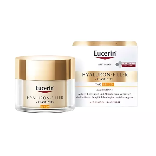 Eucerin Hyaluron-Filler Elasticity Soin de Jour FPS30 cible les signes avancés du vieillissement, améliorant l'élasticité et réduisant les rides. Achetez maintenant sur vitamister.ch pour une peau jeune et éclatante.