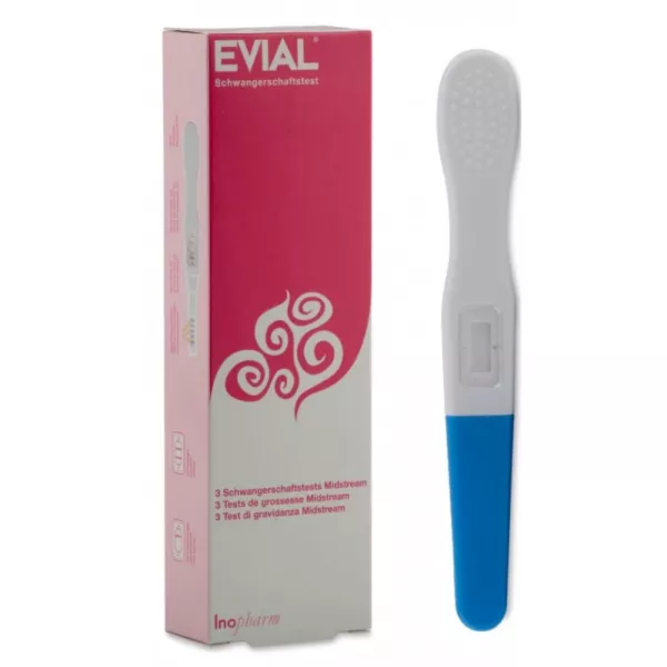 Evial Pregnancy Test Midstream 3-Pack, simple and ergonomic design for easy self-testing, with clear result window, packaged in a pink and white box with Inopharm branding.
