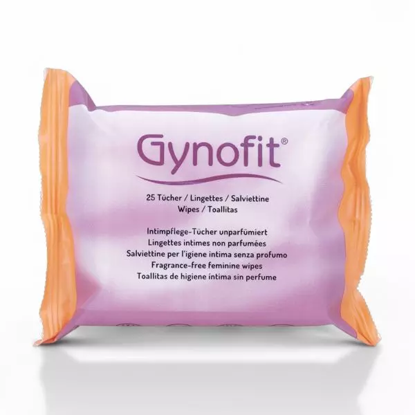 Paquet de Lingettes Intimes Gynofit contenant 25 lingettes à l'acide lactique emballées individuellement, disponible chez vitamister.ch en Suisse