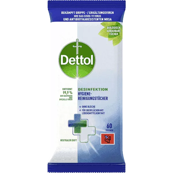 Dettol Lingettes Nettoyantes Désinfectantes paquet de 60 lingettes biodégradables, disponibles sur vitamister Suisse pour une hygiène efficace des surfaces