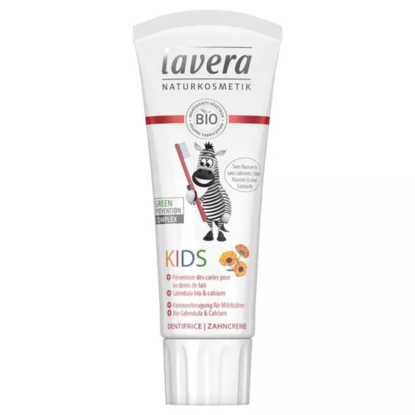 Tube de dentifrice Lavera Kids avec un personnage de zèbre tenant une brosse à dents. Met en avant le calendula bio et le calcium pour prévenir les caries.