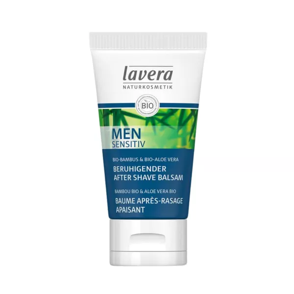 Refreshing Lavera Men Sensitiv After Shave Balm with organic bamboo and aloe vera for a soothing shave experience, in a convenient 50ml white tube with green accents and the Lavera Naturkosmetik logo.