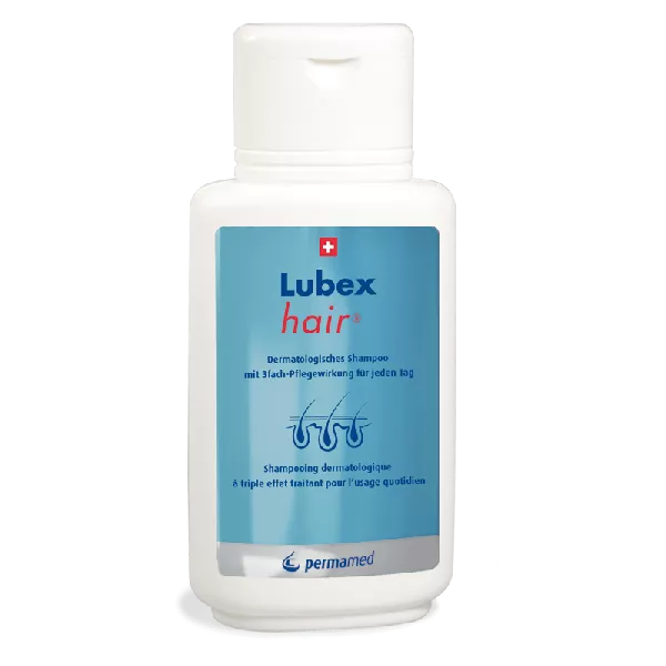 Flacon de Lubex hair shampooing, 200ml - idéal pour les cuirs chevelus sensibles et irrités, avec des ingrédients pour apaiser, protéger et régénérer.
