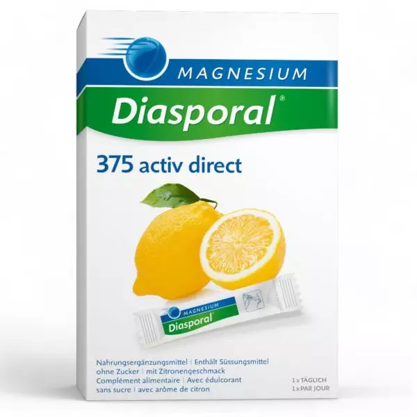 Magnesium Diasporal 375 Activ Direct Zitronen Sticks. Magnesiumpräparate online kaufen in der Schweiz bei vitamister.ch.