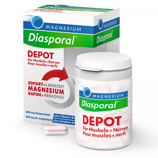 White bottle, paper package & tablet of Magnesium Diasporal DEPOT – Shop at Vitamister CH