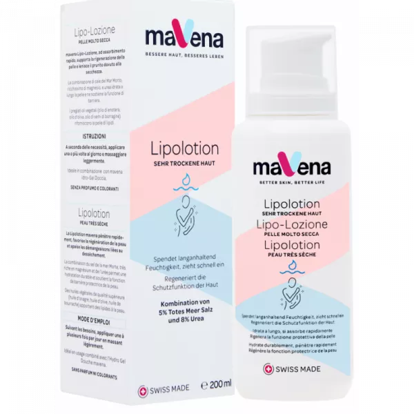 Mavena Lipolotion 200ml: Langanhaltende Feuchtigkeit für sehr trockene Haut. Jetzt kaufen!
