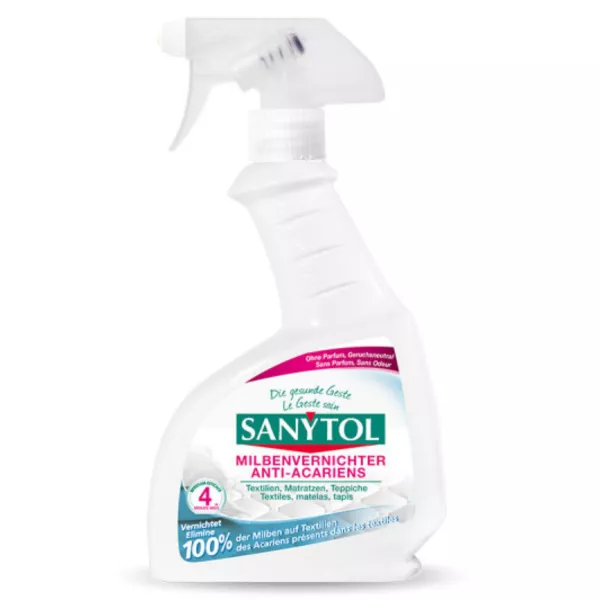 Sanytol Anti-Mite & Anti-Bedbugs Disinfectant, eliminates 100% of mites and bedbugs in 24 hours.