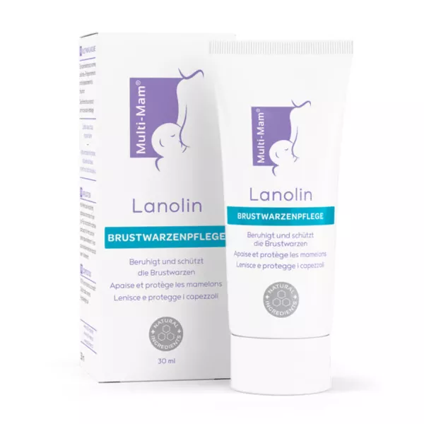 Crème Multi-Mam Lanolin et son emballage, soin naturel des mamelons pour les mères allaitantes.