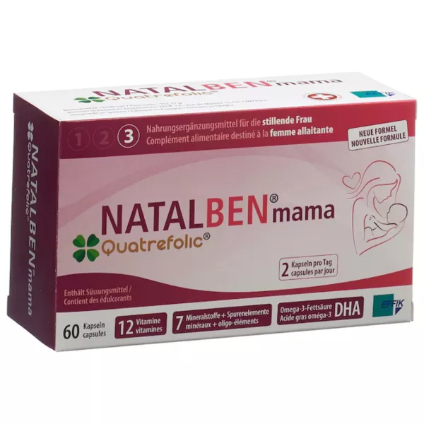 Packaging of NATALBEN® mama, a dietary supplement for breastfeeding women. The box is pink with a graphic of a mother holding a baby and contains 60 capsules. It's marked with the Quatrefolic® brand, indicating it has 12 vitamins, 7 minerals with trace el