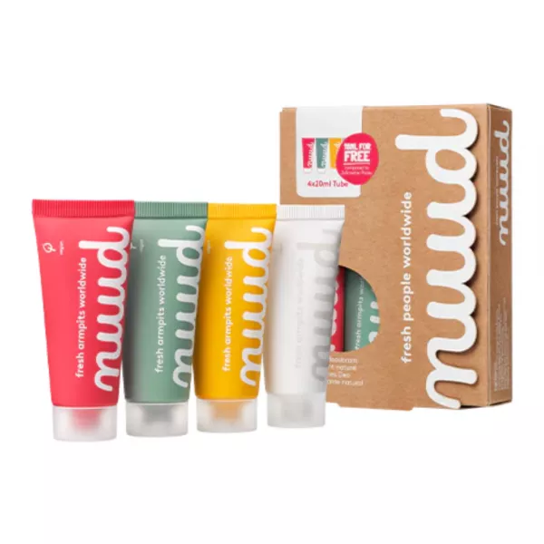 Image du nuud family pack avec quatre tubes de 20ml en différentes couleurs, emballage écologique présenté. Expérimentez une fraîcheur quotidienne pour toute la famille avec le pack familial Nuud. Cliquez ici pour acheter maintenant et rejoignez le mouve