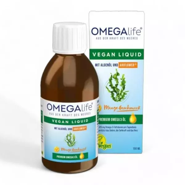 Omega-Life Liquid Vegan, a plant-based omega-3 supplement with EPA and DHA for heart, brain, and vision health. Buy online in Switzerland at vitamister.